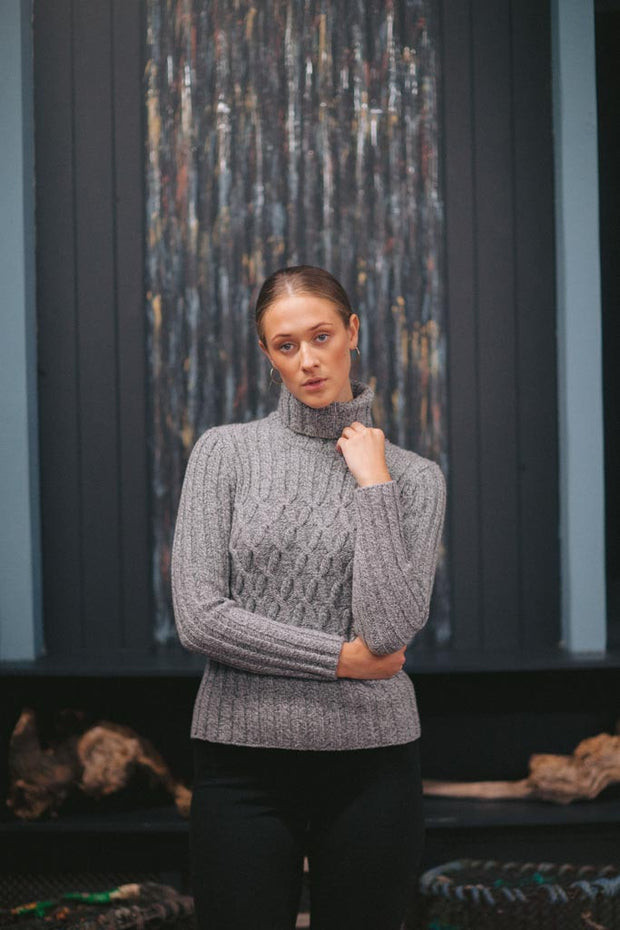 Cashmere & Merino wool Polo Neck with Cross Cable